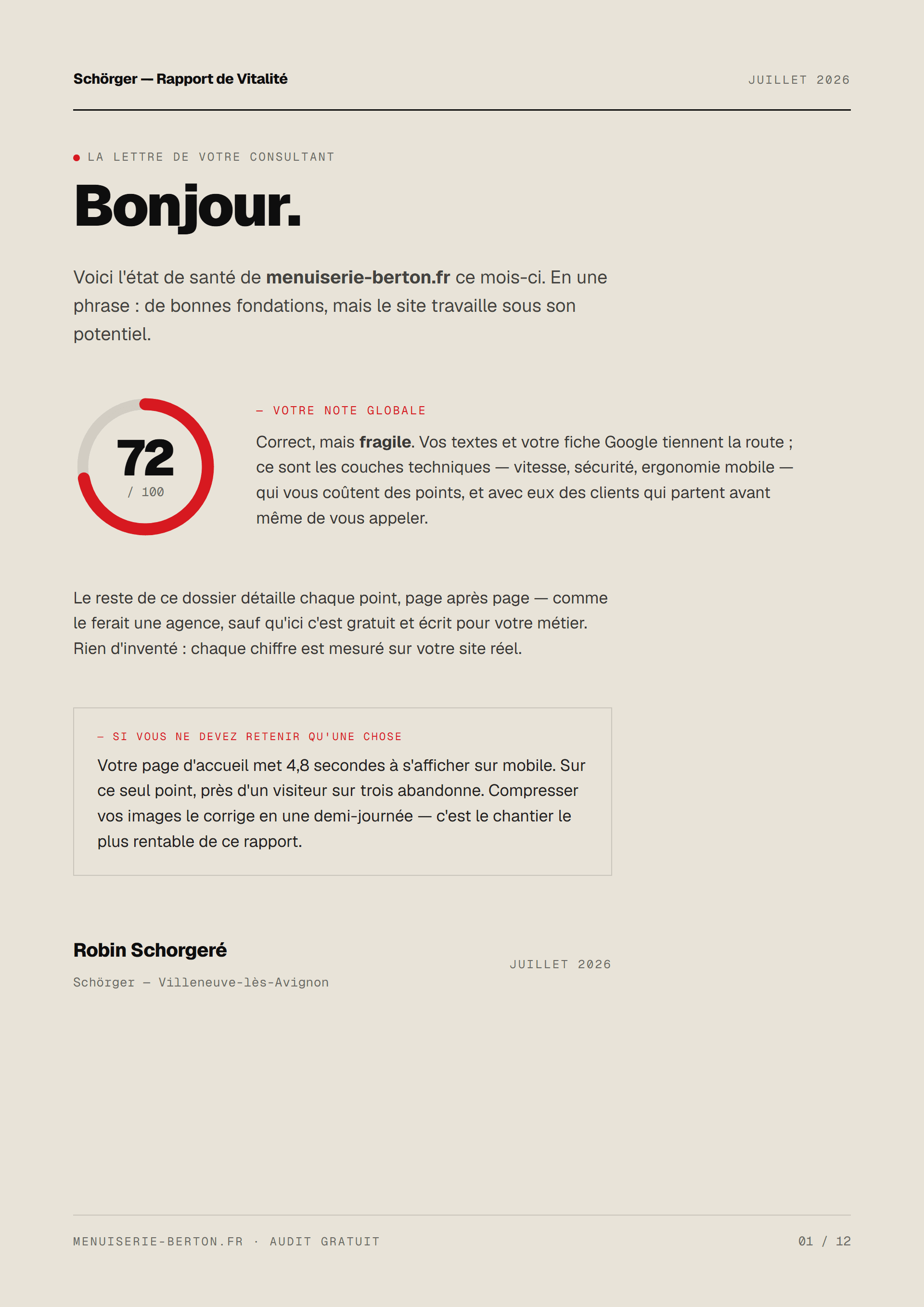 Page 1 du rapport : la lettre de votre consultant
